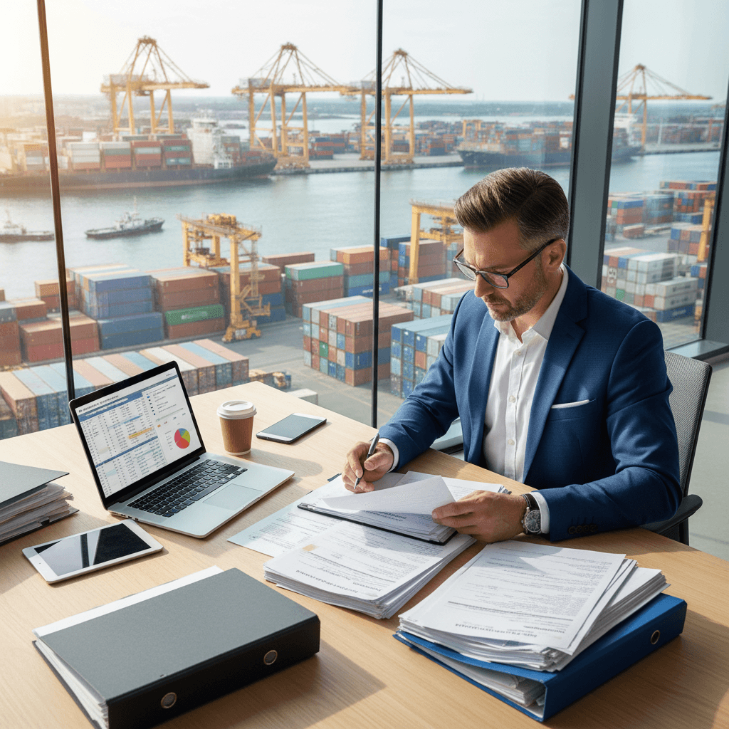 Logistics expert reviewing customs documents at a busy European port