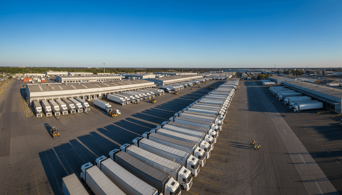 European logistics terminal with trucks and containers